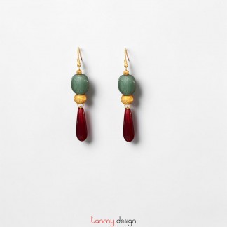 Amazonite stone earrings with red agate, gold-plated metal